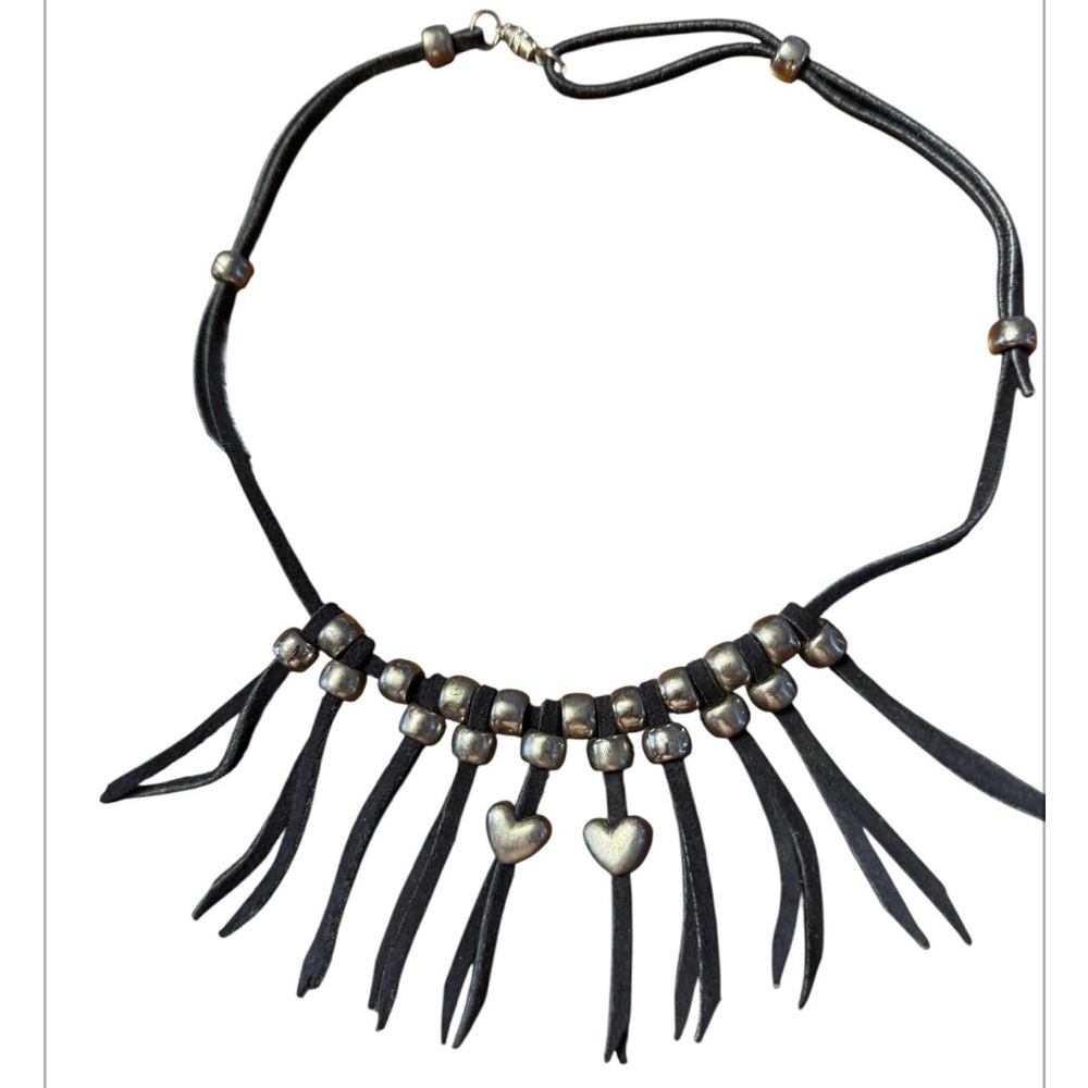 Leather Black and Silvertone beads & Heart Pendant Necklace. Vintage   1990's.